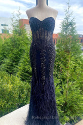 Mermaid Strapless Sequin-Embroidered Long Semi Formal Prom Dress with Feathers